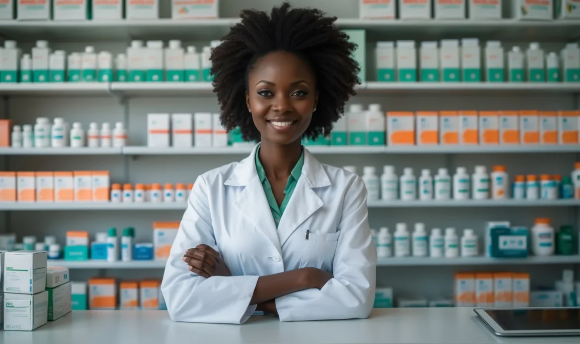 Pharmacienne sénégalaise au comptoir de son officine avec un logiciel de caisse