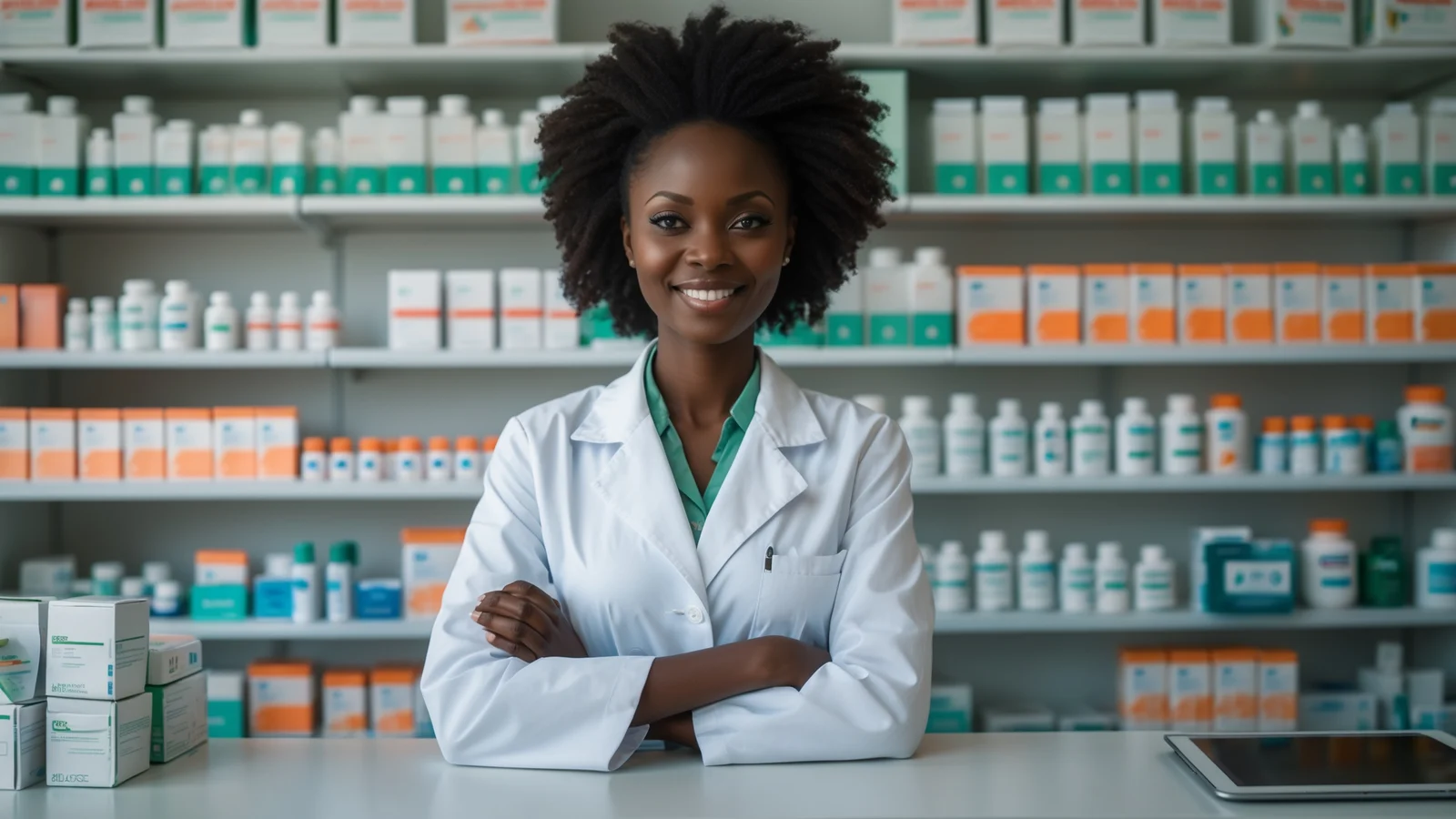 Pharmacienne sénégalaise au comptoir de son officine avec un logiciel de caisse