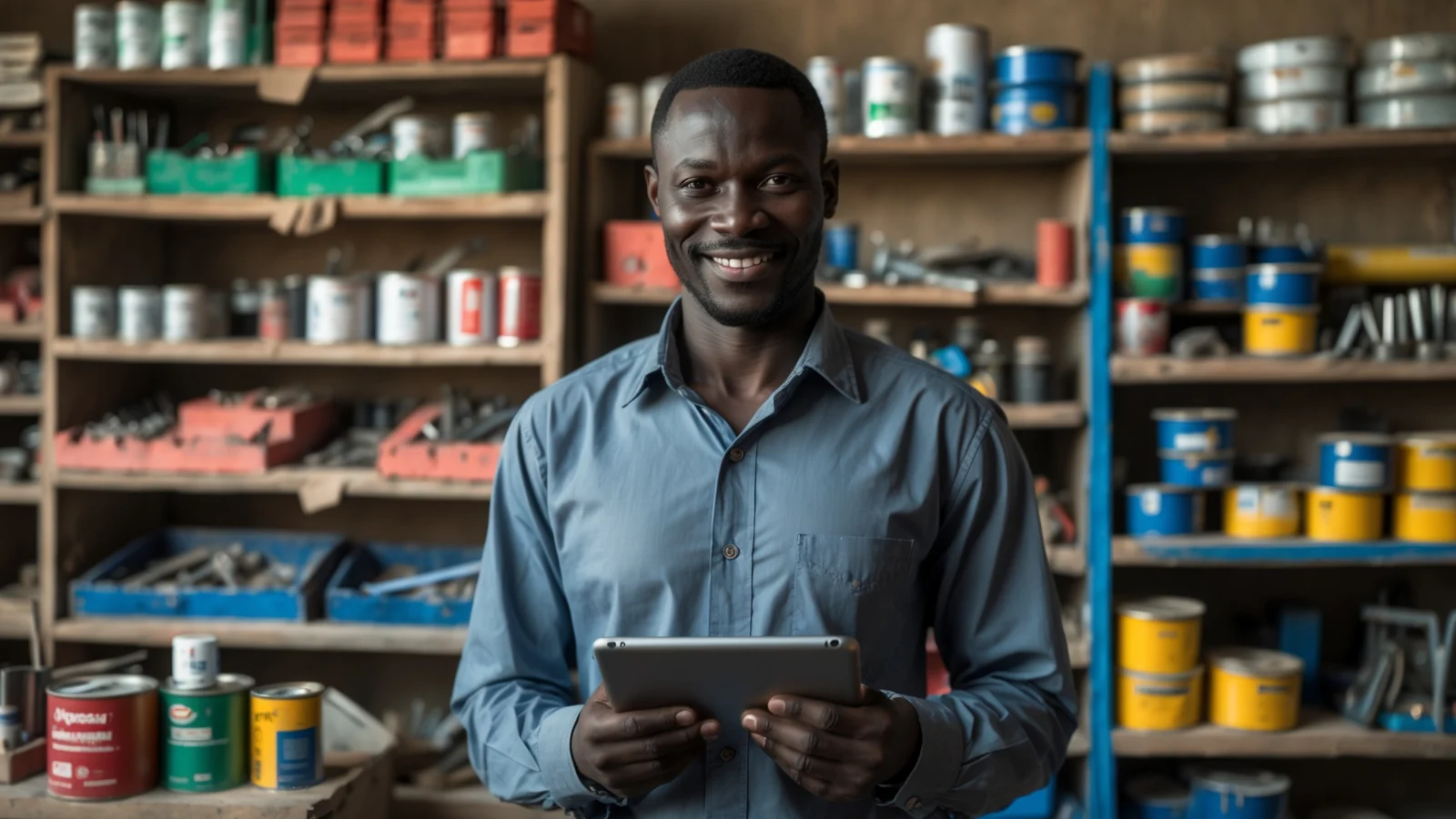 Gérant sénégalais d'une quincaillerie utilisant un logiciel de caisse au milieu de ses rayons d'outils
