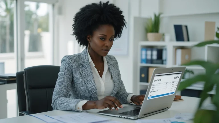Gérante de PME sénégalaise éditant une facture sur un logiciel de facturation depuis son bureau à Dakar