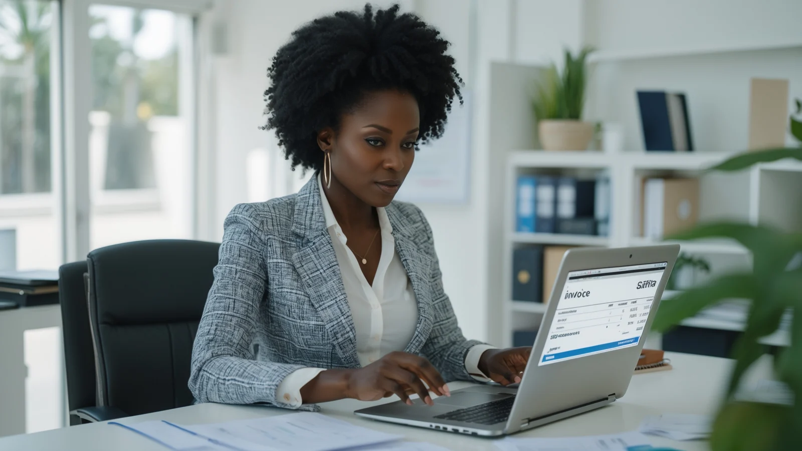 Gérante de PME sénégalaise éditant une facture sur un logiciel de facturation depuis son bureau à Dakar Gérante de PME sénégalaise éditant une facture sur un logiciel de facturation depuis son bureau à Dakar