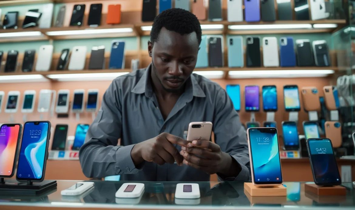 Vendeur d'une boutique de téléphones à Dakar vérifiant un smartphone au comptoir avec sa caisse