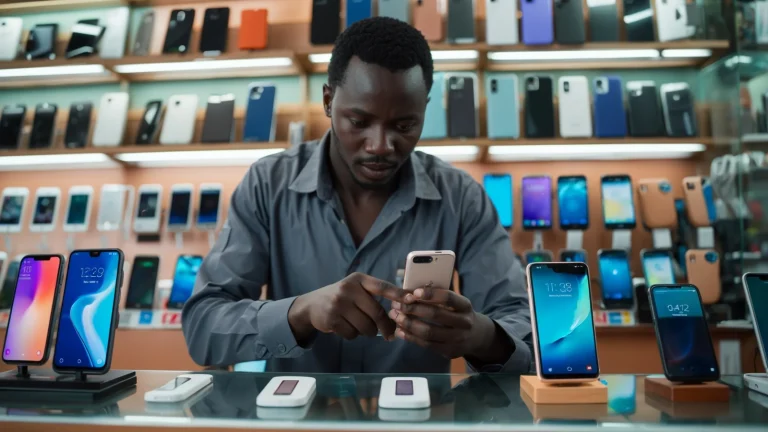 Vendeur d'une boutique de téléphones à Dakar vérifiant un smartphone au comptoir avec sa caisse