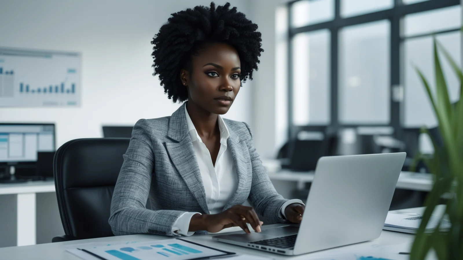 Dirigeante de PME sénégalaise pilotant son activité commerciale sur un logiciel de gestion
