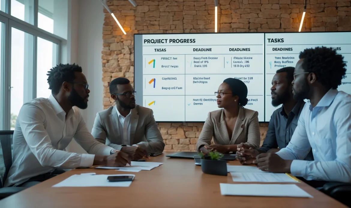 Logiciel de gestion de projet pour agence et prestataire 3 Équipe d'une agence africaine suivant l'avancement de ses projets clients sur un tableau numérique