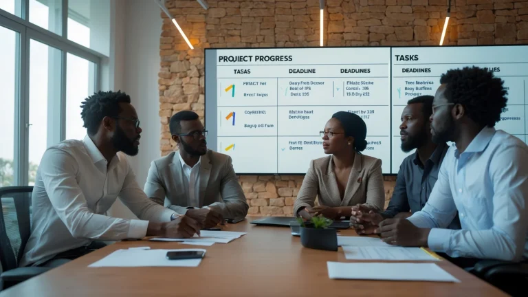 Équipe d'une agence africaine suivant l'avancement de ses projets clients sur un tableau numérique