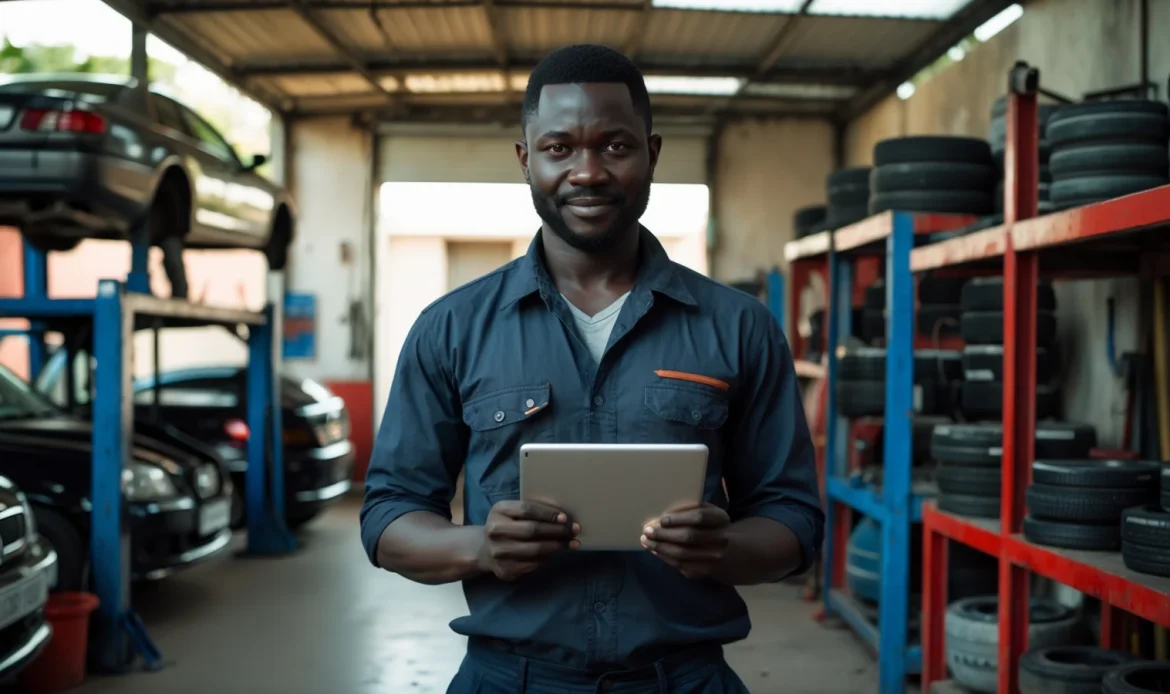 Logiciel de gestion pour garage et atelier mécanique au Sénégal 9 Gérant sénégalais d'un garage automobile suivant son stock de pièces et sa caisse sur tablette
