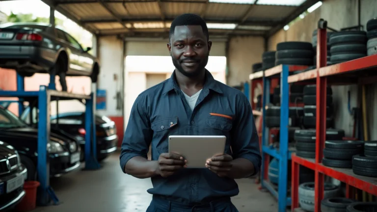 Gérant sénégalais d'un garage automobile suivant son stock de pièces et sa caisse sur tablette
