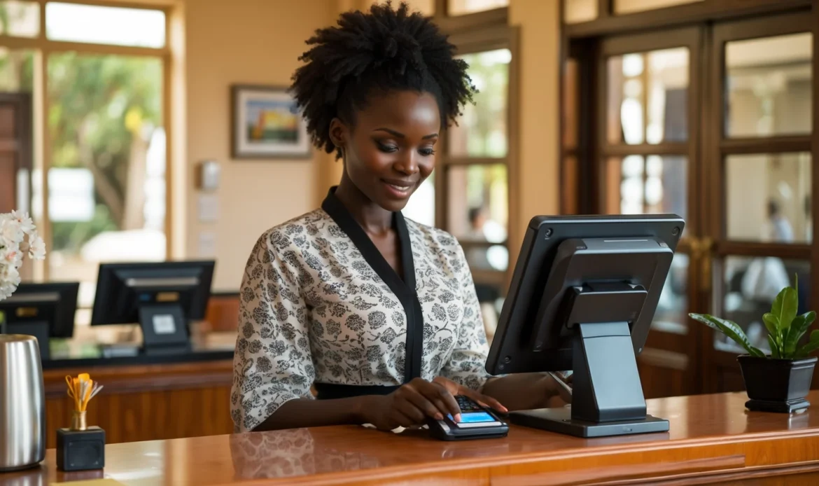 Réceptionniste d'un hôtel sénégalais encaissant un client au comptoir avec un logiciel de gestion
