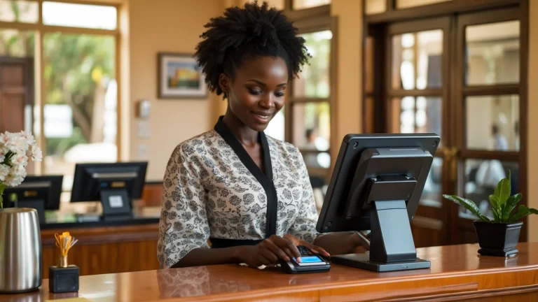 Réceptionniste d'un hôtel sénégalais encaissant un client au comptoir avec un logiciel de gestion