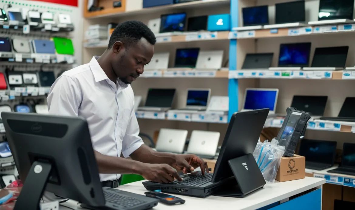 Vendeur d'un magasin informatique à Dakar enregistrant la vente d'un ordinateur portable avec sa caisse