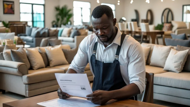 Gérant d'un magasin de meubles à Dakar préparant un devis client au milieu de son showroom