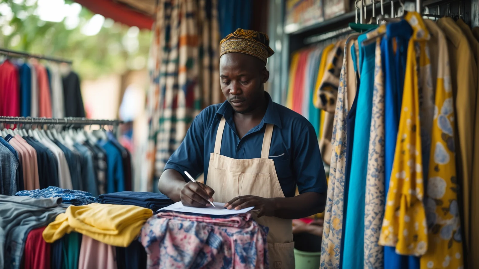 Gérant d'un pressing sénégalais enregistrant le dépôt de vêtements d'un client à son comptoir