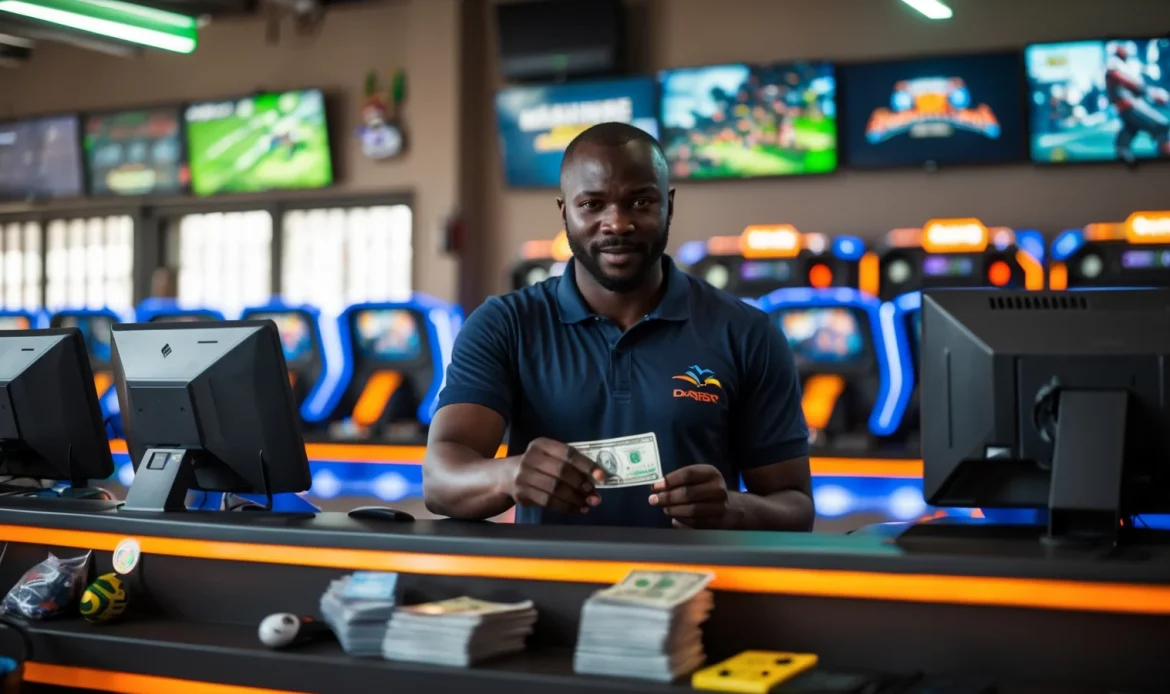Gérant d'une salle de jeux vidéo à Dakar encaissant un joueur au comptoir avec sa caisse