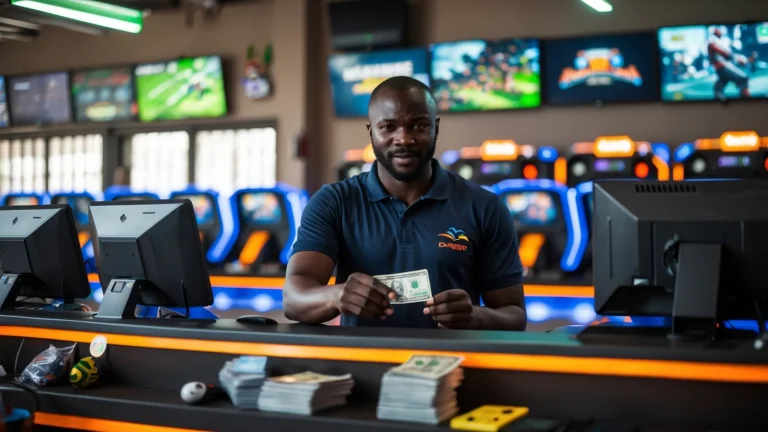 Gérant d'une salle de jeux vidéo à Dakar encaissant un joueur au comptoir avec sa caisse