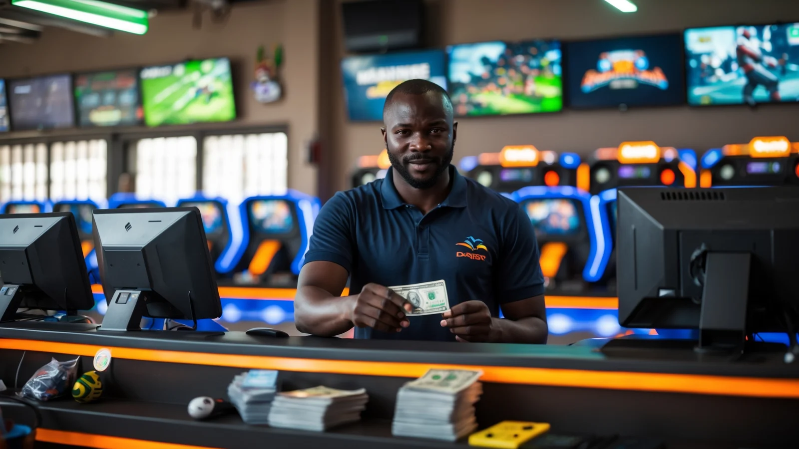 Gérant d’une salle de jeux vidéo à Dakar encaissant un joueur au comptoir avec sa caisse Gérant d'une salle de jeux vidéo à Dakar encaissant un joueur au comptoir avec sa caisse