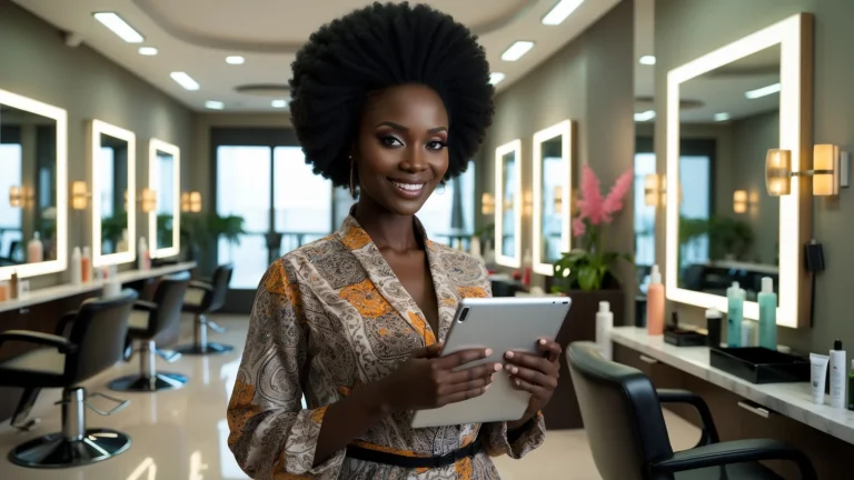 Coiffeuse sénégalaise encaissant une cliente dans son salon de beauté avec une tablette
