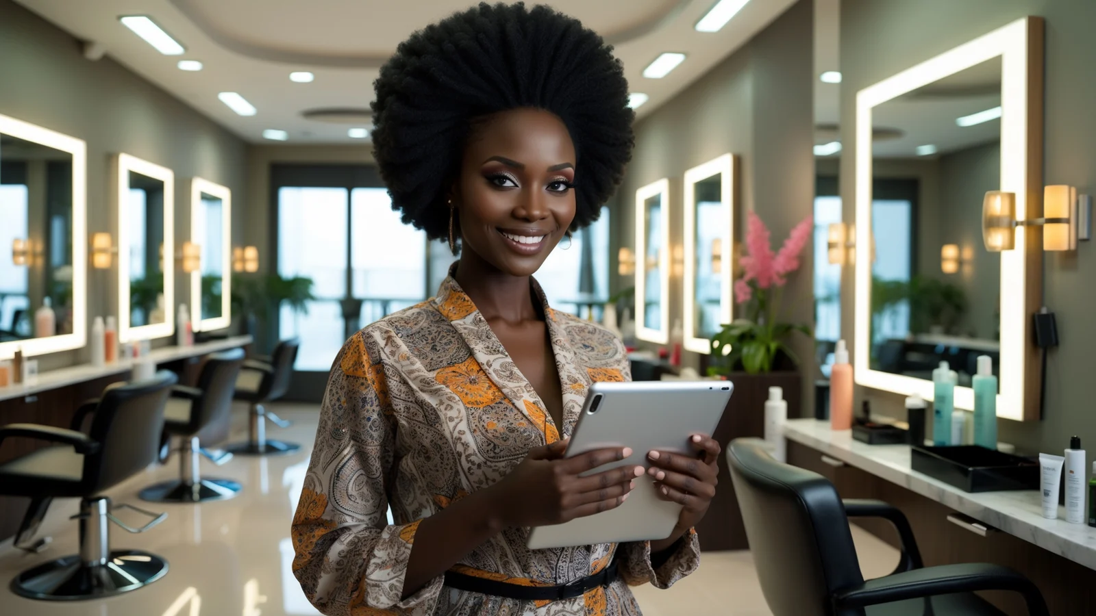Coiffeuse sénégalaise encaissant une cliente dans son salon de beauté avec une tablette Coiffeuse sénégalaise encaissant une cliente dans son salon de beauté avec une tablette