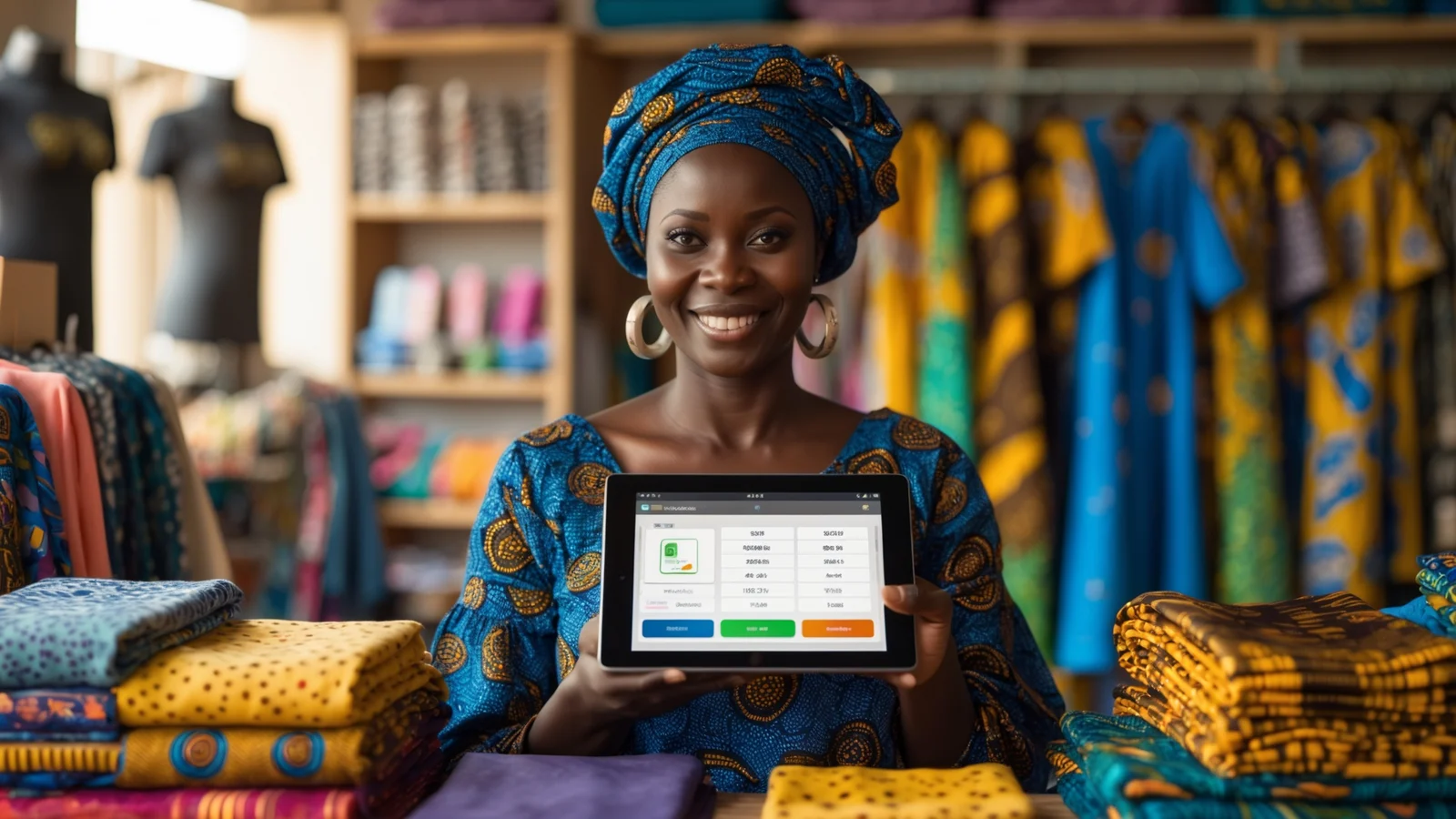 Commerçante sénégalaise utilisant un logiciel de caisse sur tablette dans sa boutique à Dakar Commerçante sénégalaise utilisant un logiciel de caisse sur tablette dans sa boutique à Dakar