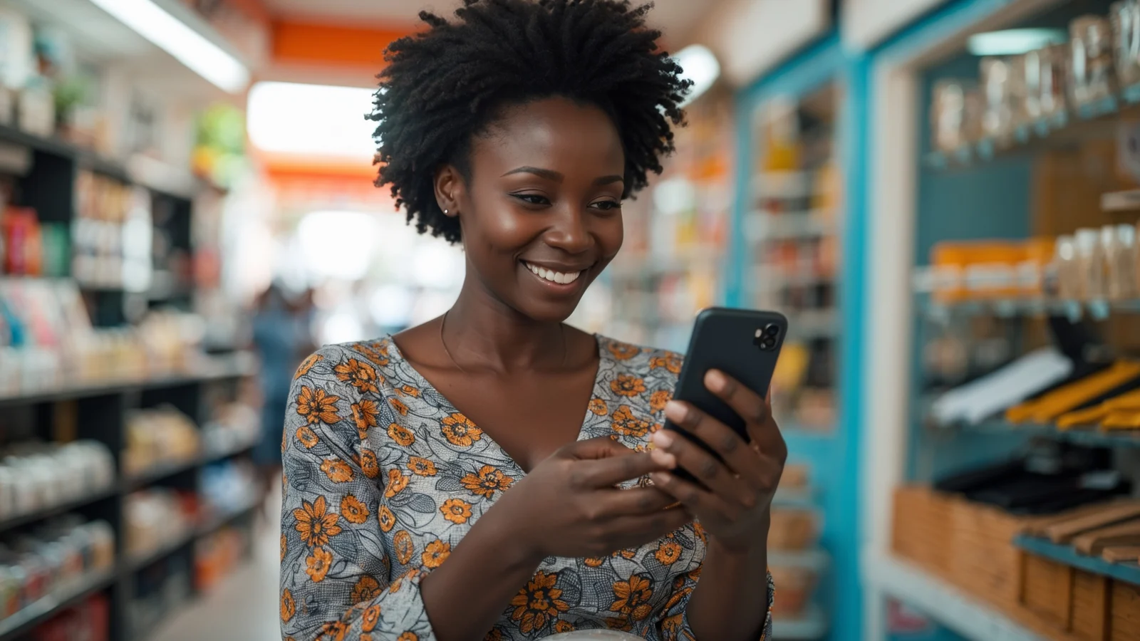 Cliente africaine laissant un avis Google sur son téléphone dans une boutique Cliente africaine laissant un avis Google sur son téléphone dans une boutique