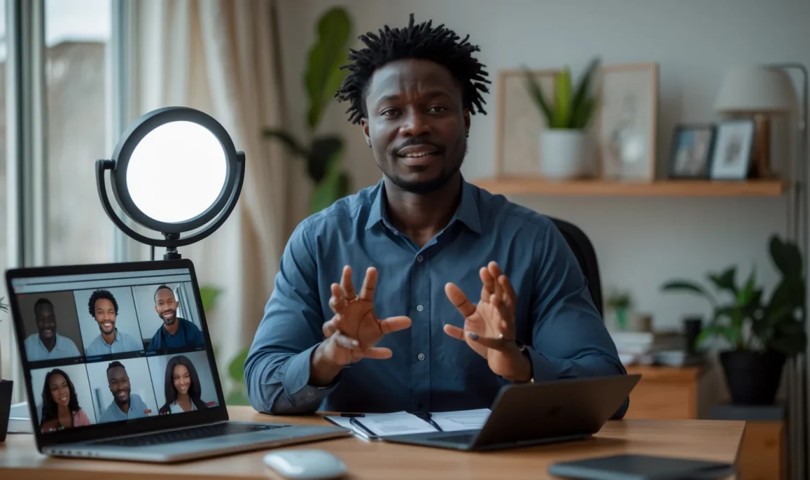 Formateur africain animant un webinaire depuis son bureau pour présenter sa formation en ligne