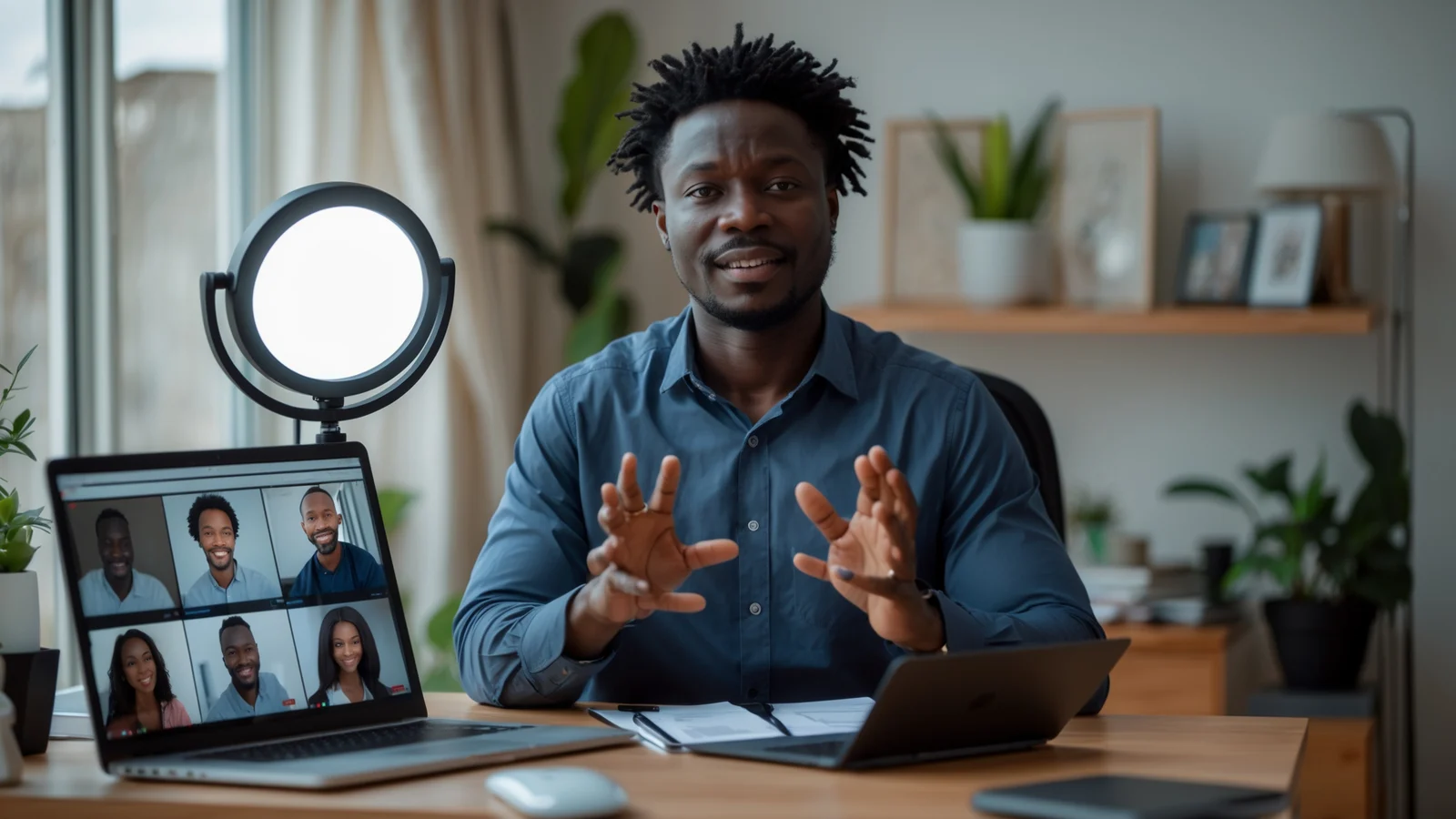 Formateur africain animant un webinaire depuis son bureau pour présenter sa formation en ligne Formateur africain animant un webinaire depuis son bureau pour présenter sa formation en ligne