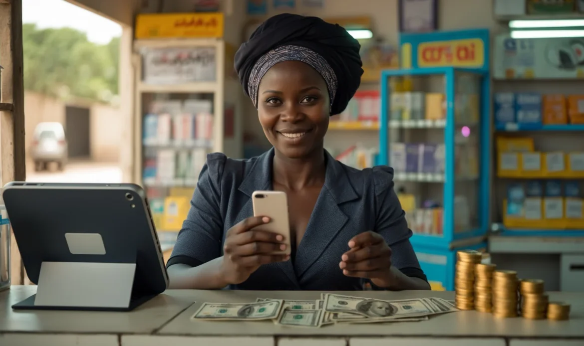 Gérant sénégalais d'un point de vente multiservice Wave et Orange Money dans sa boutique