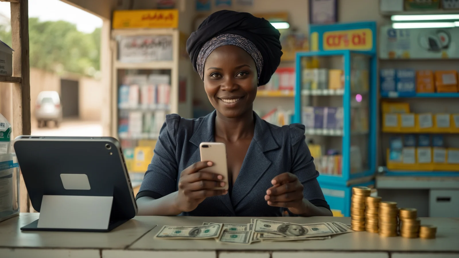 Gérant sénégalais d’un point de vente multiservice Wave et Orange Money dans sa boutique Gérant sénégalais d'un point de vente multiservice Wave et Orange Money dans sa boutique
