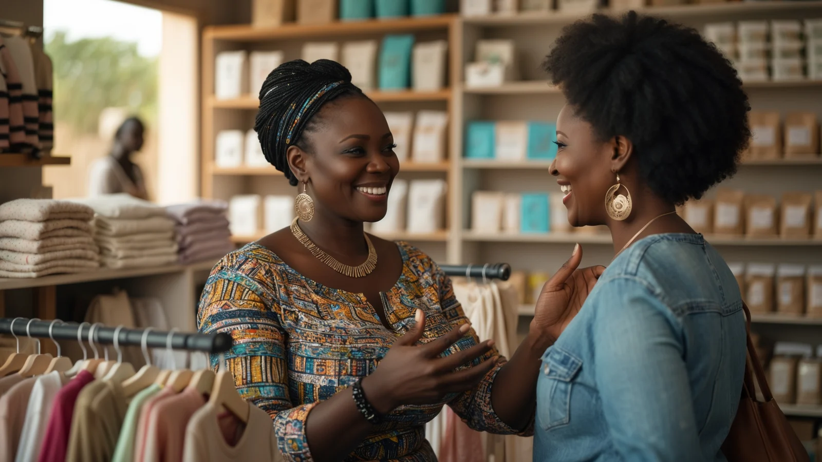 Commerçante sénégalaise fidélisant une cliente régulière dans sa boutique Commerçante sénégalaise fidélisant une cliente régulière dans sa boutique
