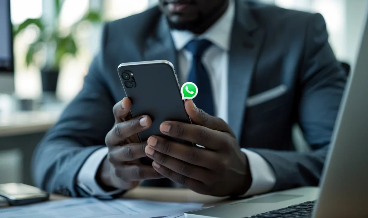 Prospecter sur WhatsApp en B2B au Sénégal : la méthode 1 Commercial africain prospectant des entreprises sur WhatsApp depuis son smartphone à Dakar