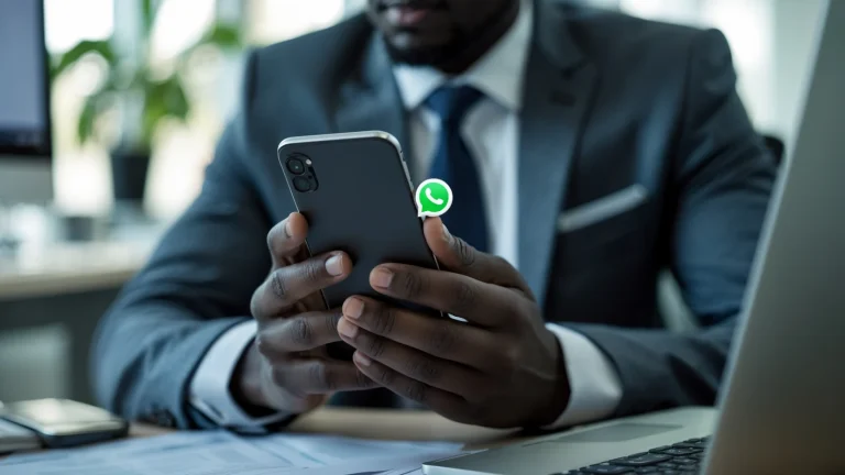 Commercial africain prospectant des entreprises sur WhatsApp depuis son smartphone à Dakar