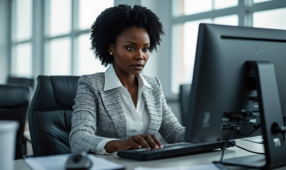Formatrice africaine sécurisant l'accès à ses vidéos de formation sur son ordinateur