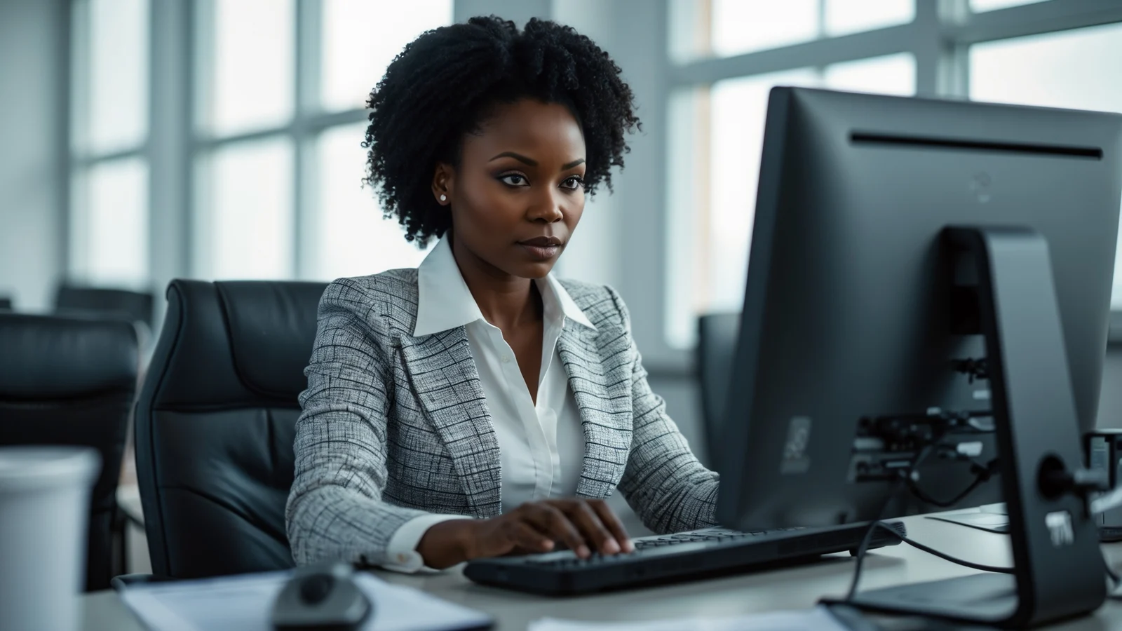 Formatrice africaine sécurisant l’accès à ses vidéos de formation sur son ordinateur Formatrice africaine sécurisant l'accès à ses vidéos de formation sur son ordinateur