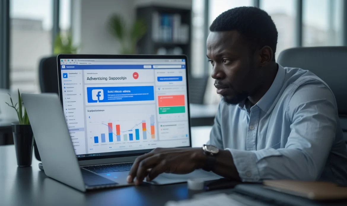 Publicité Facebook (Meta Ads) pour trouver des clients au Sénégal 10 Entrepreneur sénégalais analysant une campagne de publicité Facebook sur son ordinateur