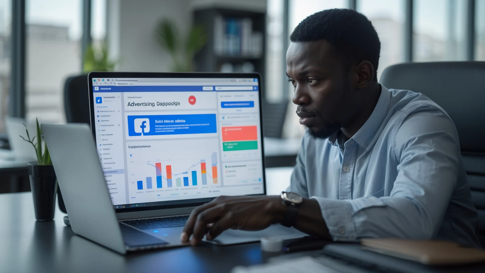 Entrepreneur sénégalais analysant une campagne de publicité Facebook sur son ordinateur