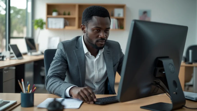 Entrepreneur africain choisissant les bons outils numériques pour trouver des clients sur son ordinateur