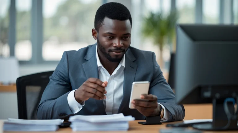 Commercial africain relançant poliment un prospect par message depuis son bureau à Dakar