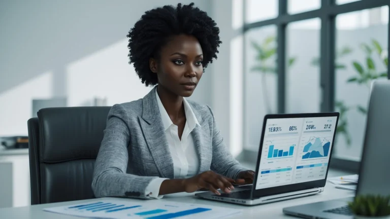 Dirigeante de PME sénégalaise consultant le tableau de bord de sa trésorerie sur un ordinateur