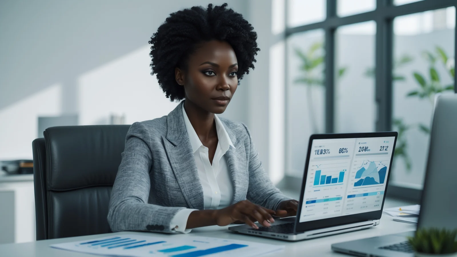 Dirigeante de PME sénégalaise consultant le tableau de bord de sa trésorerie sur un ordinateur