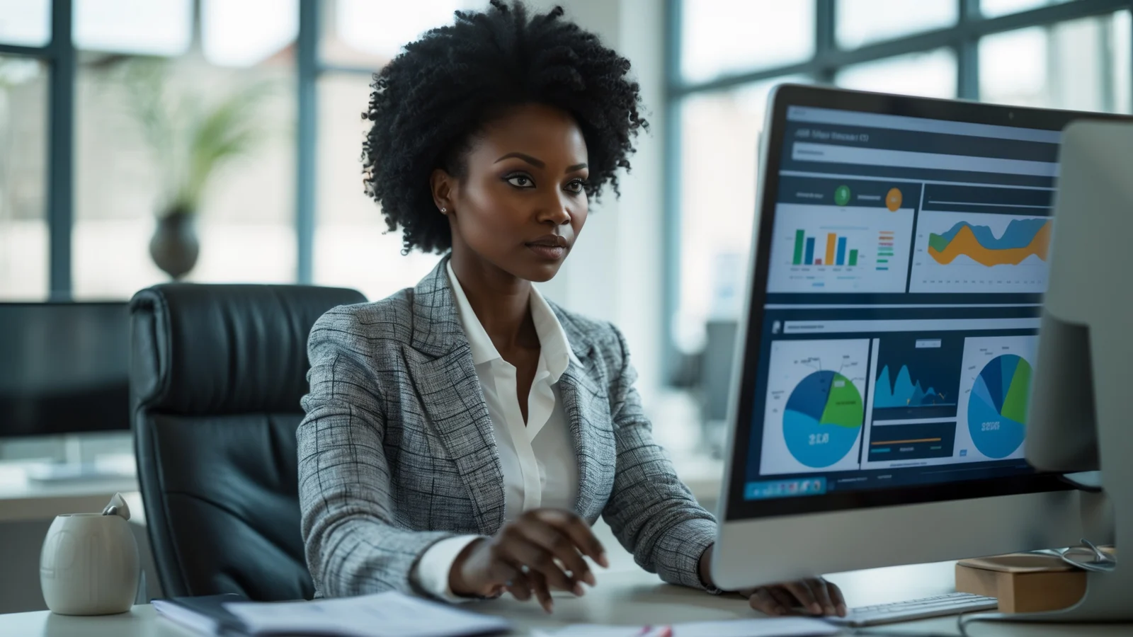 Dirigeante de PME sénégalaise analysant le tableau de bord de son activité sur son ordinateur