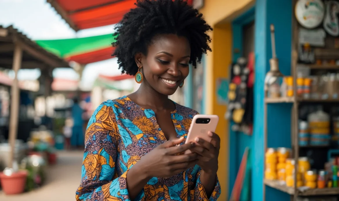 Trouver des clients sur Facebook et Instagram pour une PME 9 Gérante d'une PME sénégalaise animant les réseaux sociaux de son entreprise sur son téléphone
