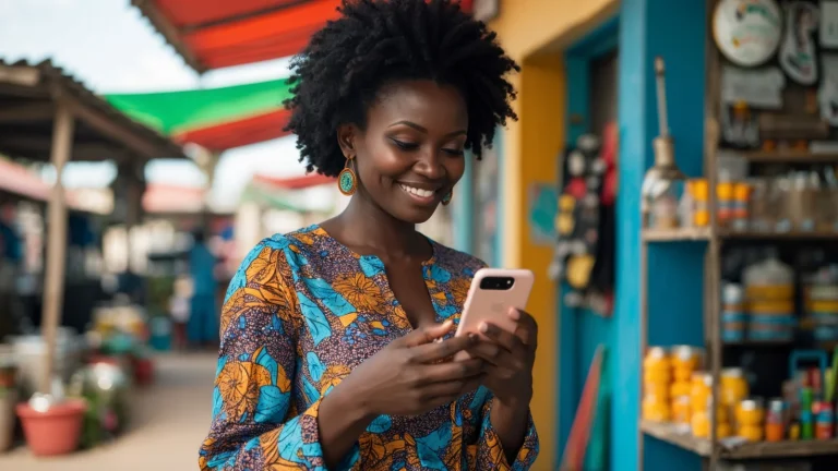 Gérante d'une PME sénégalaise animant les réseaux sociaux de son entreprise sur son téléphone
