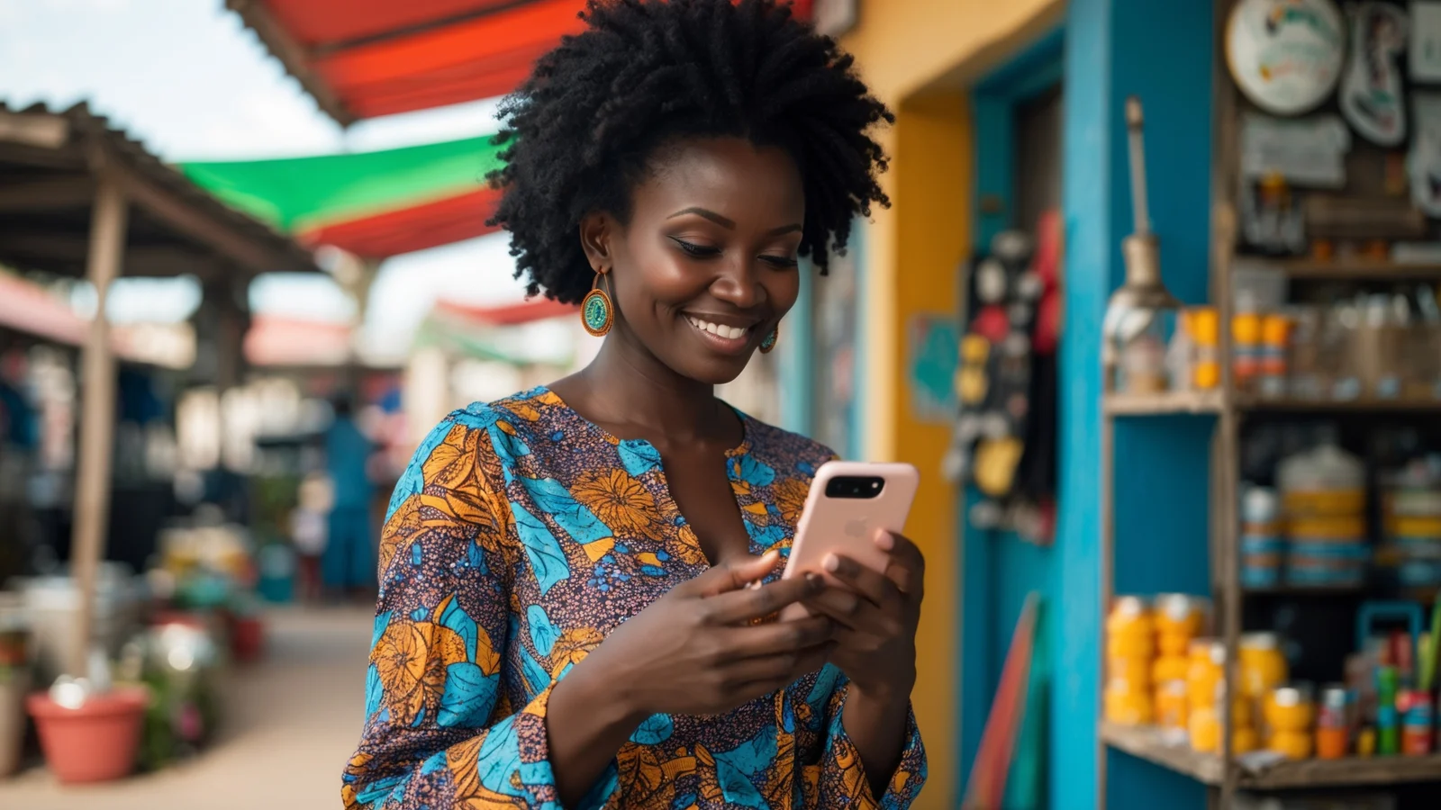 Gérante d'une PME sénégalaise animant les réseaux sociaux de son entreprise sur son téléphone