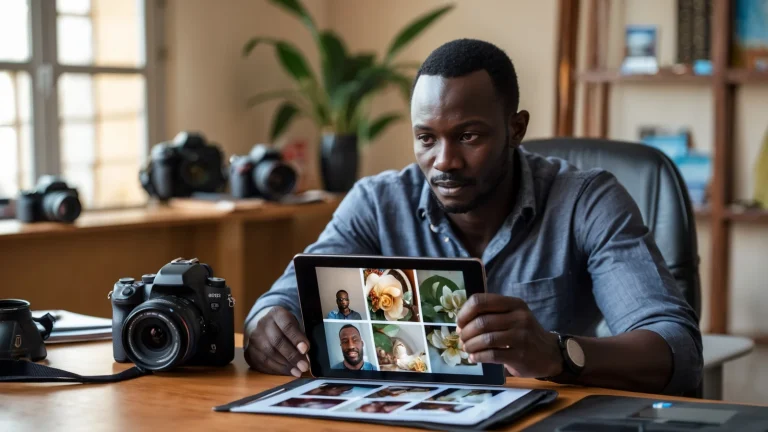 Photographe africain montrant son portfolio à un client potentiel sur sa tablette à Dakar