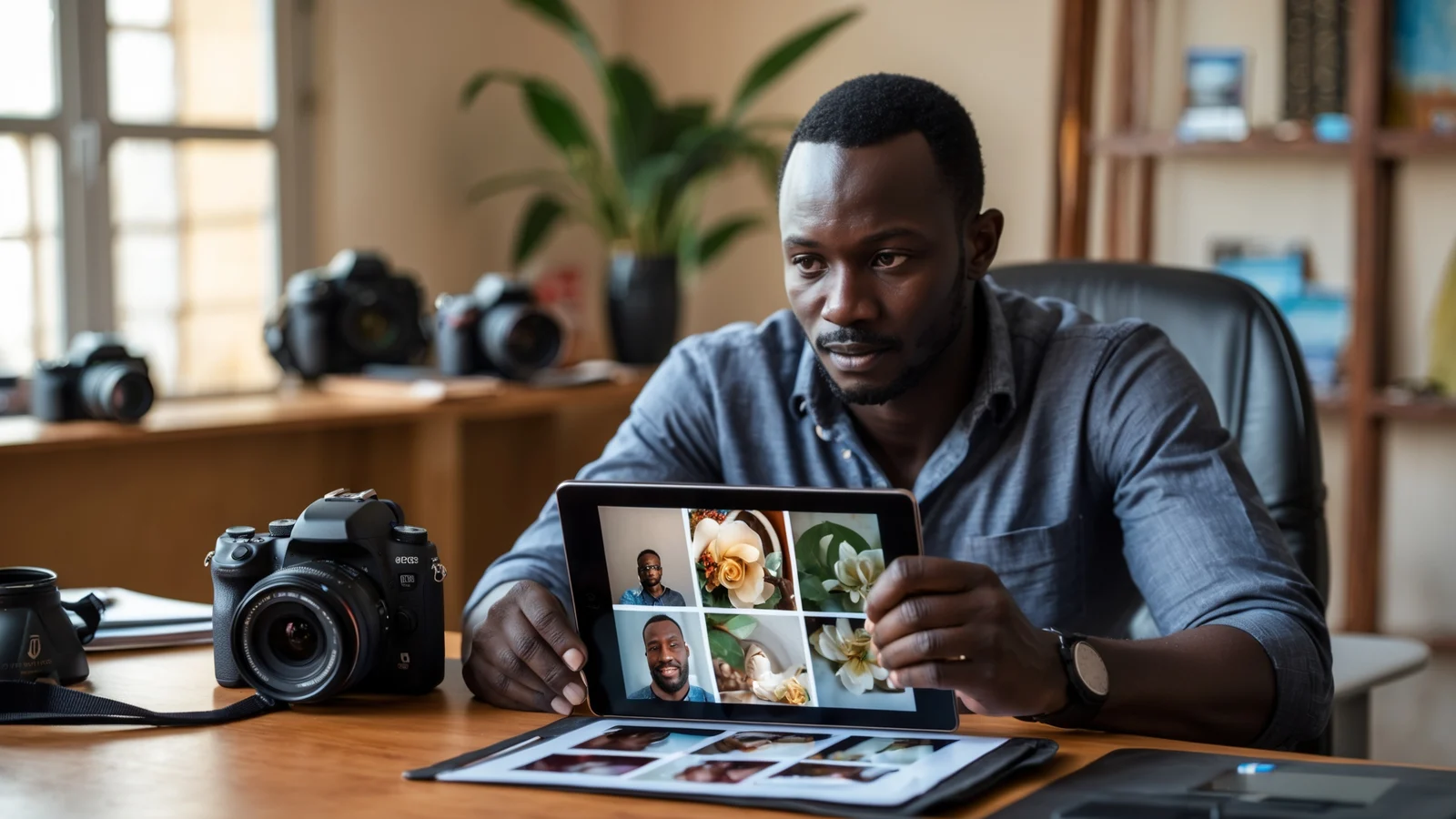 Photographe africain montrant son portfolio à un client potentiel sur sa tablette à Dakar