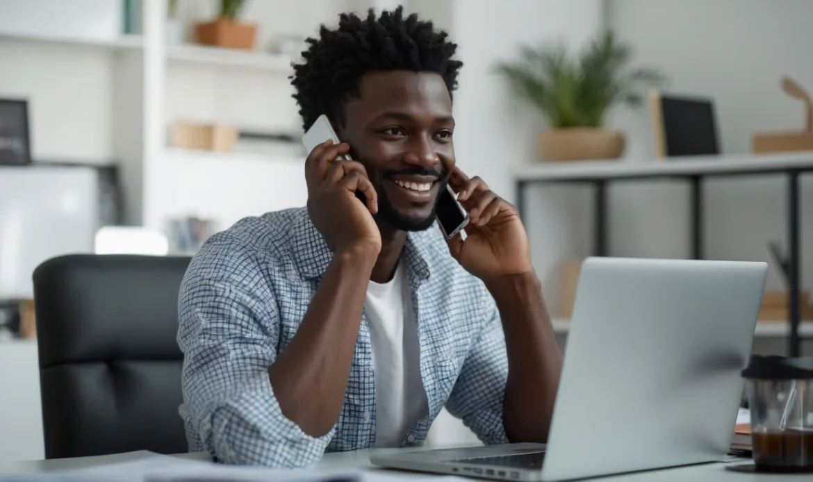 Comment trouver des clients quand on est prestataire ou freelance 2 Freelance africain échangeant avec un client potentiel depuis son bureau à Dakar