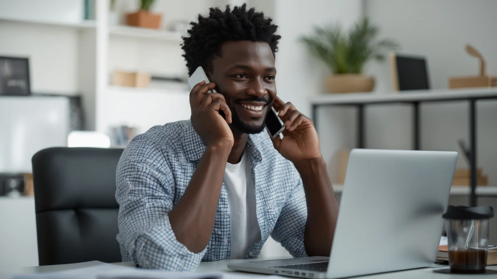 Freelance africain échangeant avec un client potentiel depuis son bureau à Dakar Freelance africain échangeant avec un client potentiel depuis son bureau à Dakar