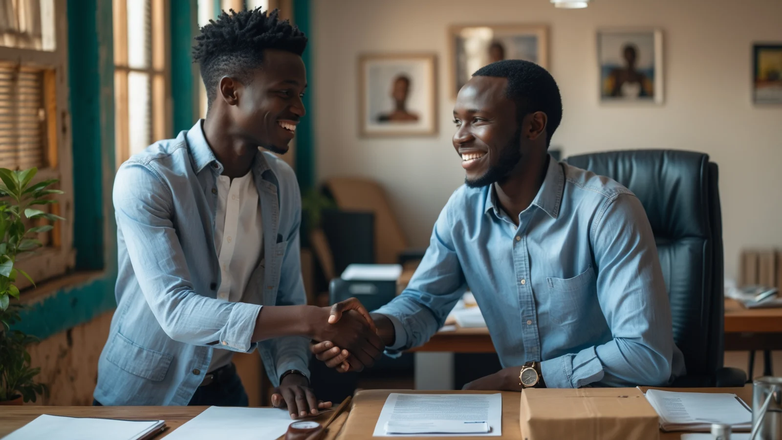 Jeune entrepreneur sénégalais concluant avec son premier client Jeune entrepreneur sénégalais concluant avec son premier client