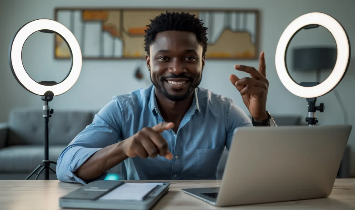 Vendre une formation en ligne et se faire payer au Sénégal 5 Formateur sénégalais enregistrant sa formation en ligne devant un ordinateur