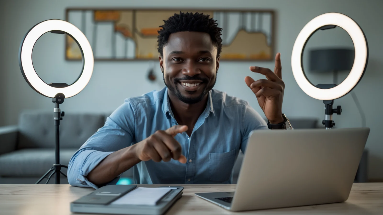 Formateur sénégalais enregistrant sa formation en ligne devant un ordinateur Formateur sénégalais enregistrant sa formation en ligne devant un ordinateur